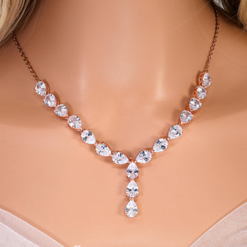 CZ Diamond Tear of Rose Set Jewelry Set, Rose Gold Long Bridal Earrings, Bracelet, Ring And Necklace, Statement Earrings Cz Necklace Set.